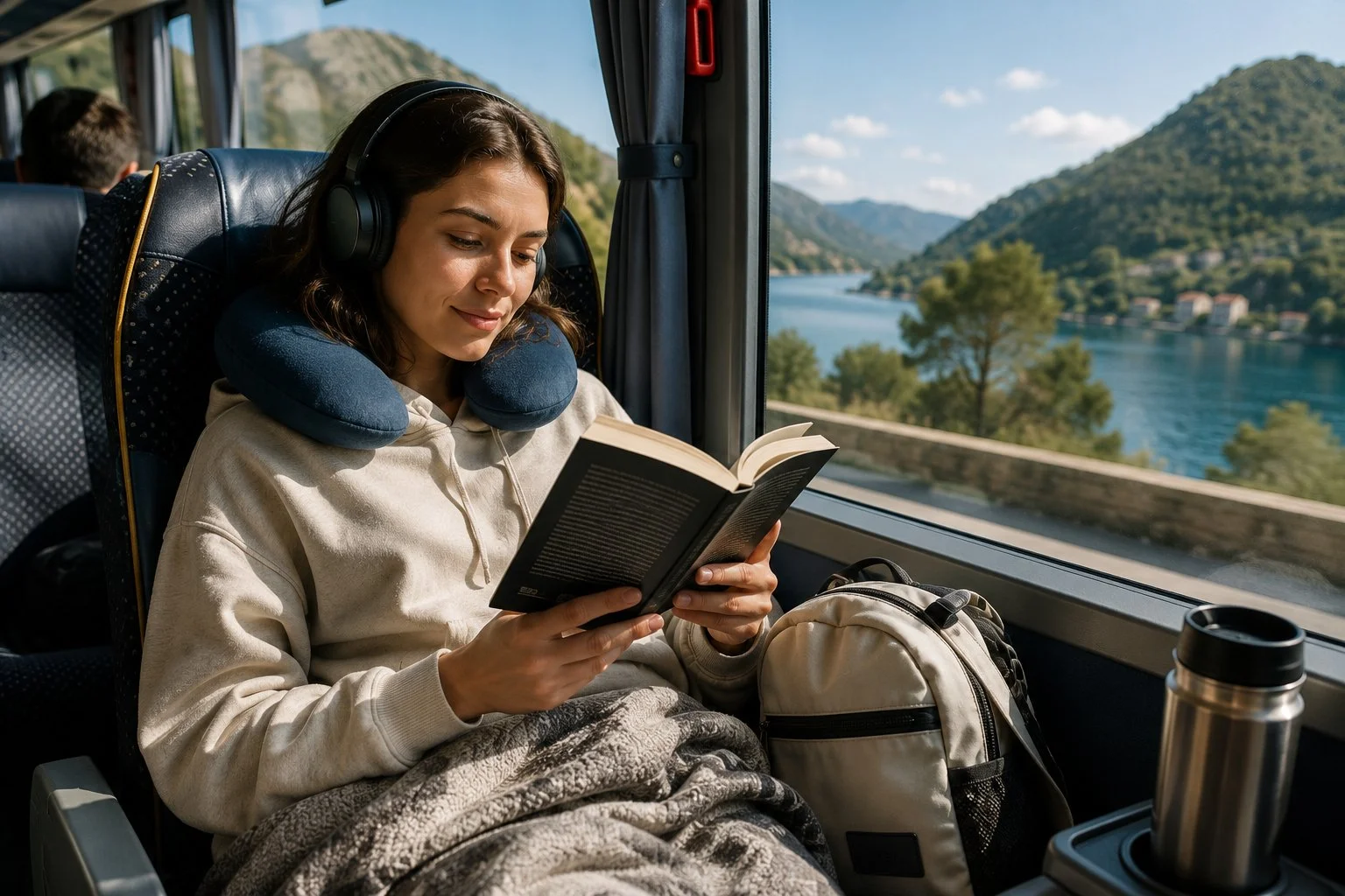 Ženska bere knjigo na udobnem avtobusnem potovanju