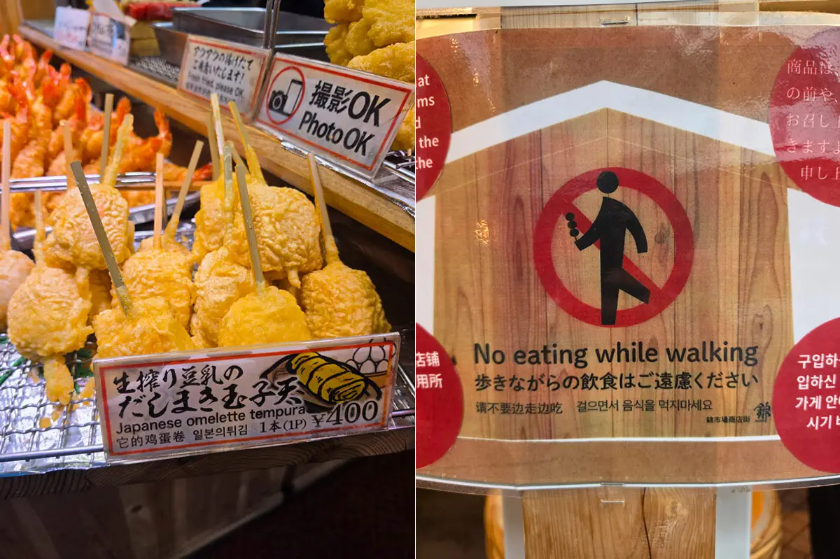 Japonska ulična hrana in opozorilo, da prehranjevanje med hojo ni dovoljeno.