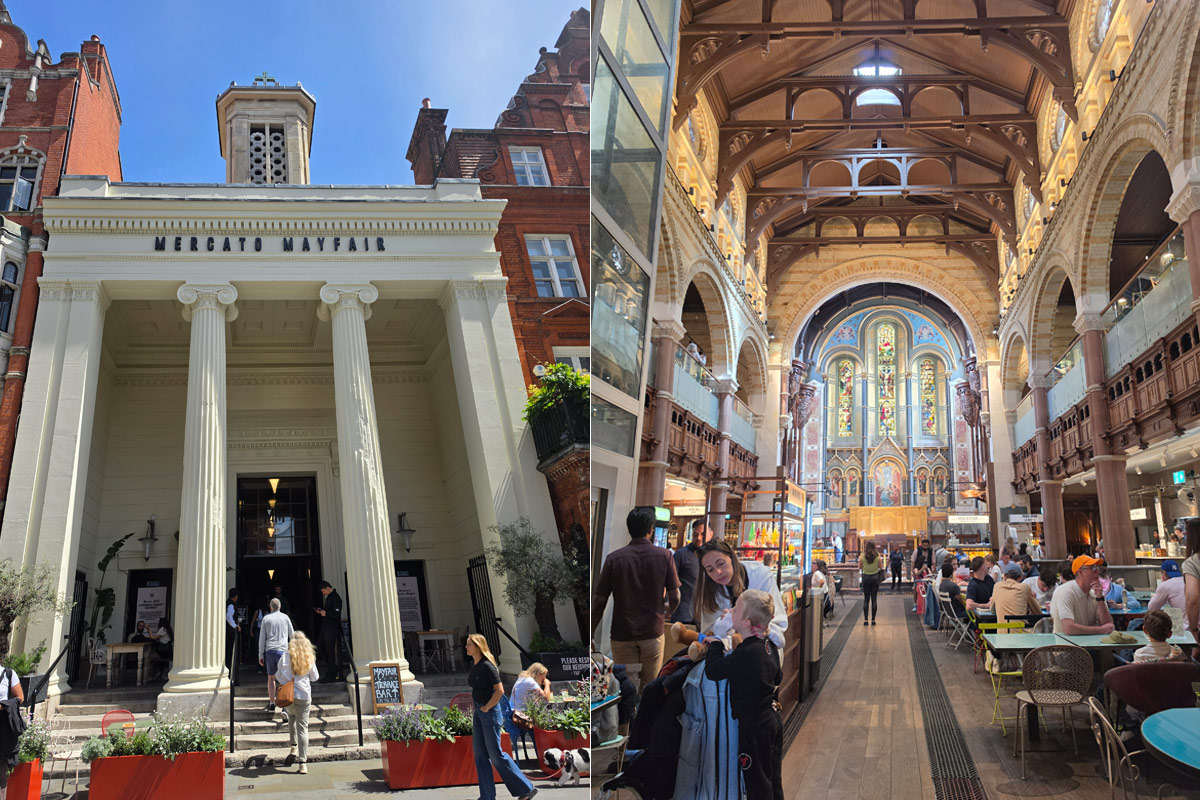 Mercato Mayfair v Londonu, priljubljena tržnica s hrano v nekdanji cerkvi St Mark's.