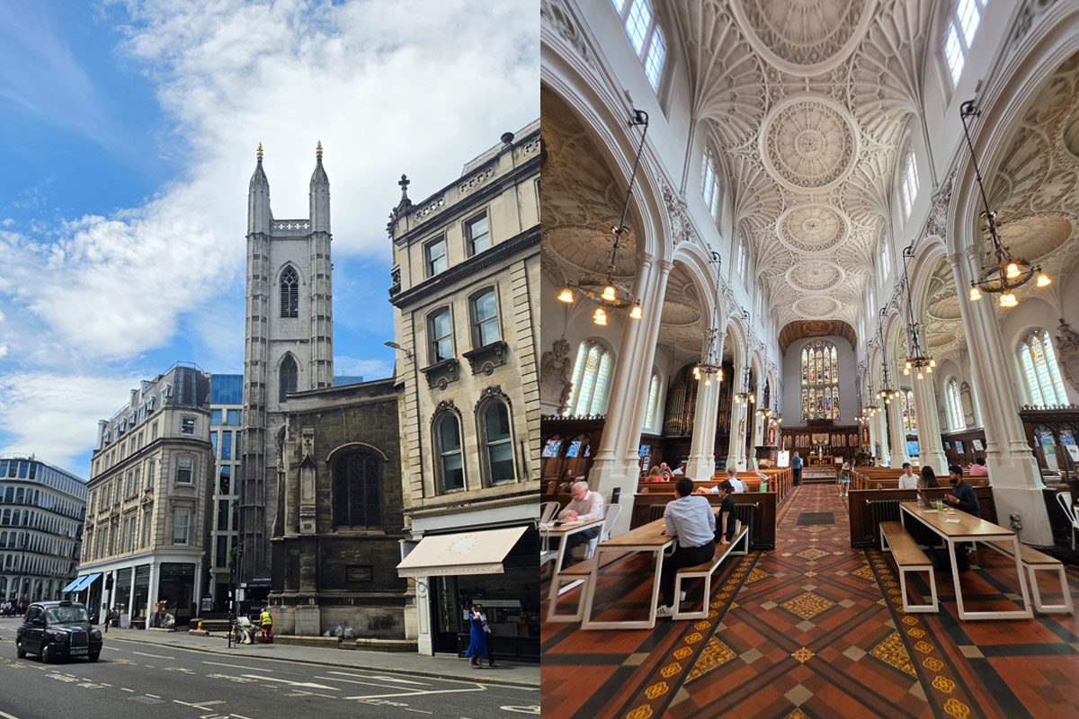 london.jpg Cerkev St Mary Aldermary in njena notranjost z urejenim Host Caféjem v središču Londona.