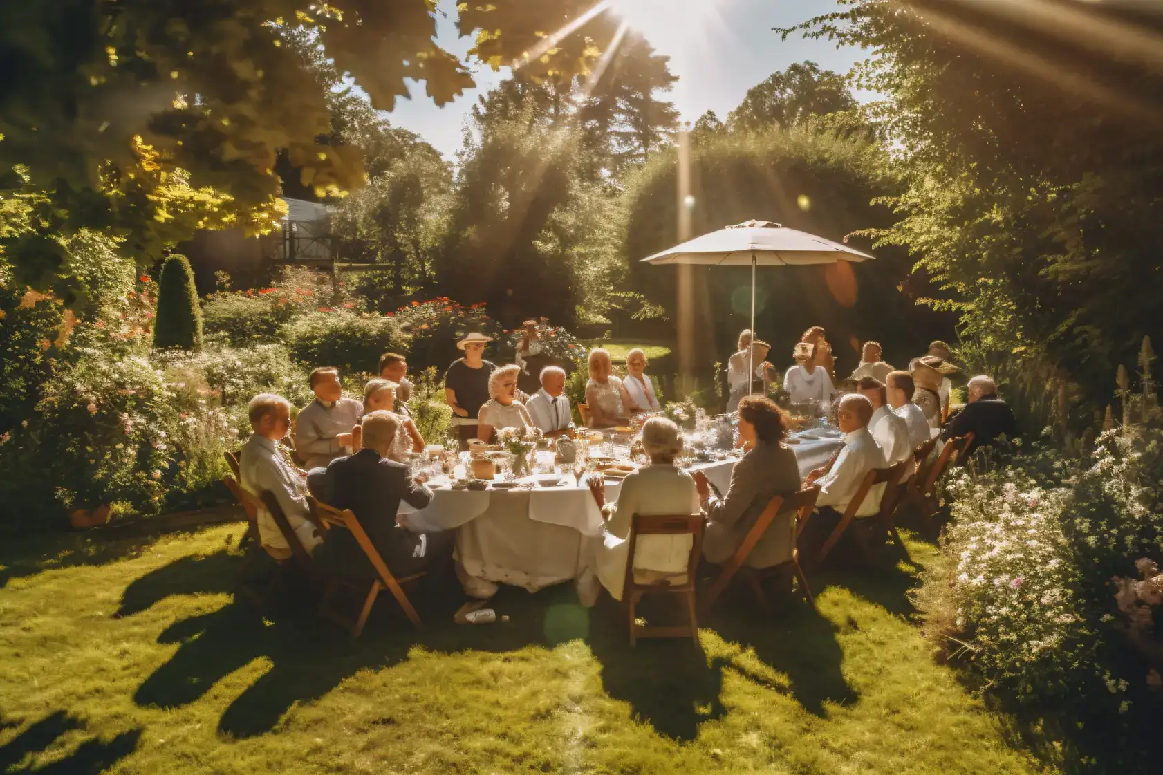 Exclusive corporate dinner in a private garden in Slovenia with long table and guests enjoying a luxury outdoor event.