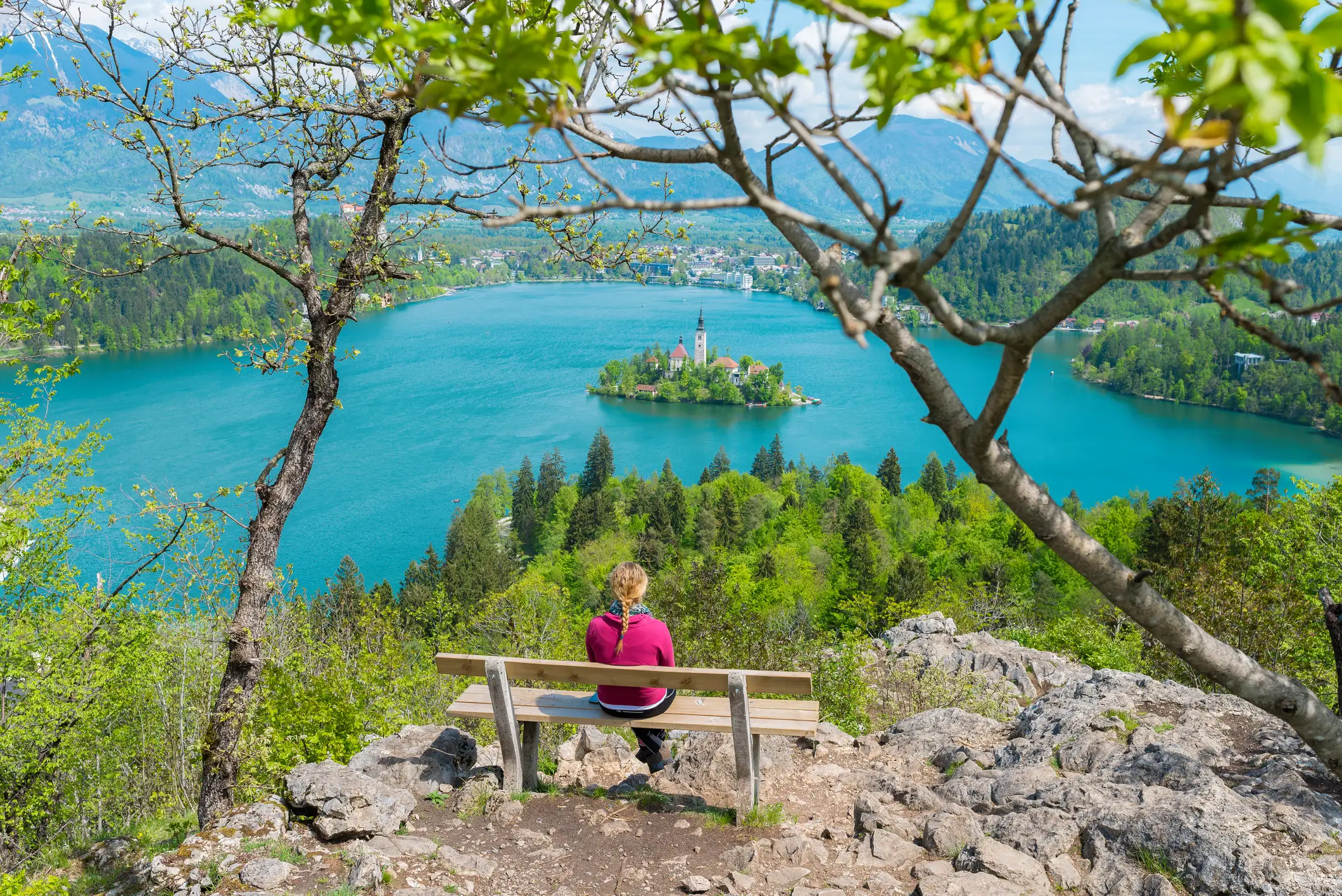 Panoramski pogled na Blejsko jezero z razgledne točke Ojstrica.