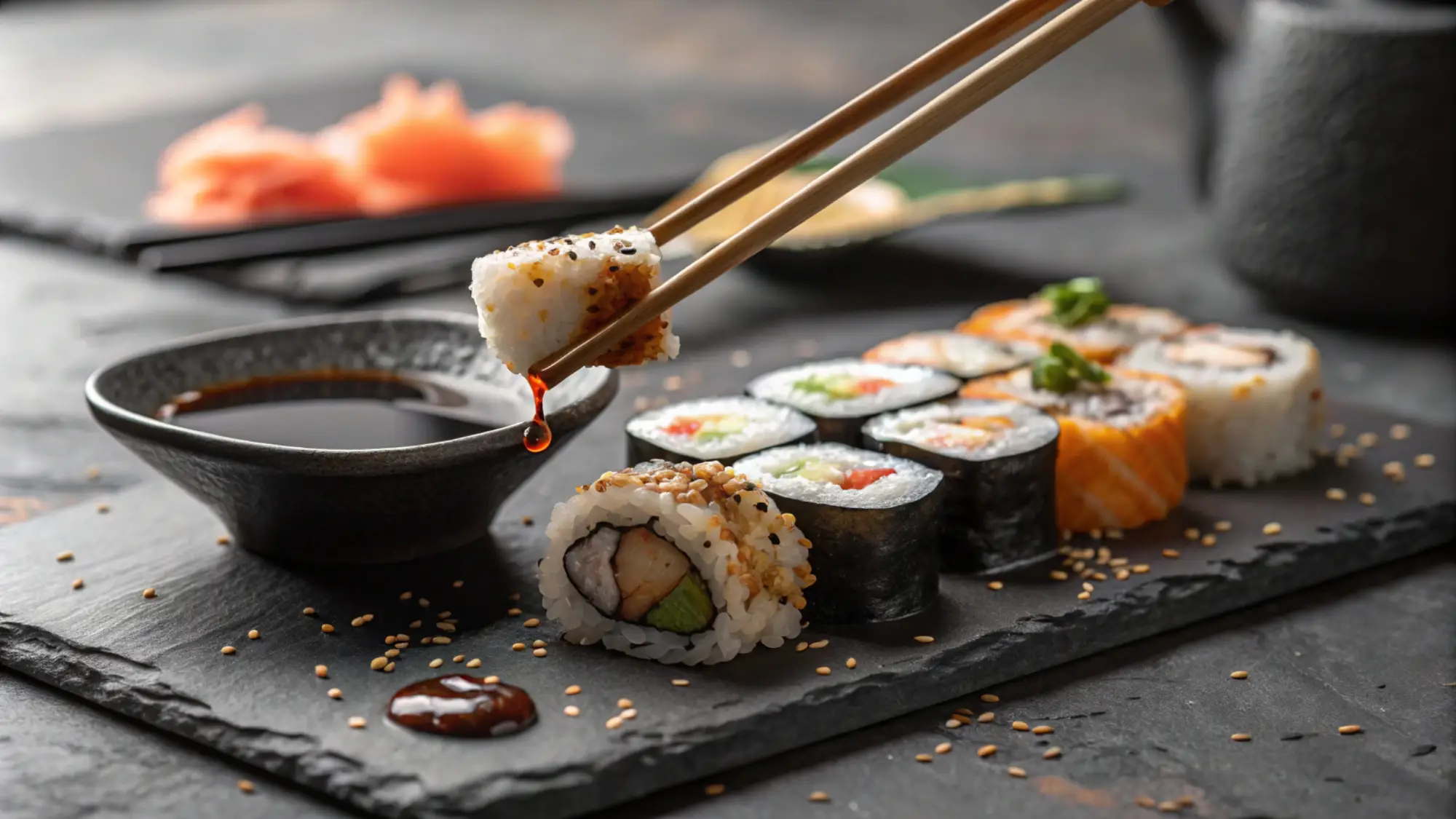 Krožnik sušija s palčkami in sojino omako, simbol japonske kulinarike