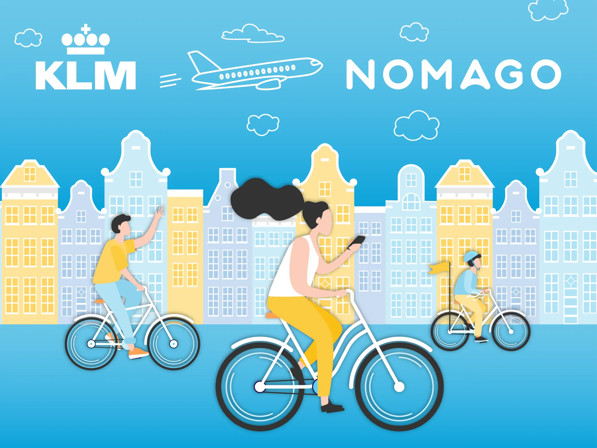 Ilustracija partnerstva KLM in Nomago z motivom kolesarjev ter značilne arhitekture Amsterdama.