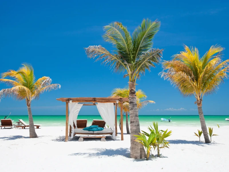 Bele peščene plaže in palme na rajskem otoku Holbox ob Karibskem morju.