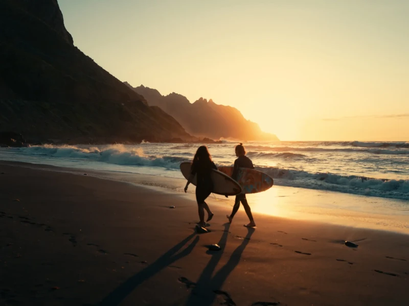 Par s surfi na Tenerifih na vulkanski črni plaži ob sončnem zahodu