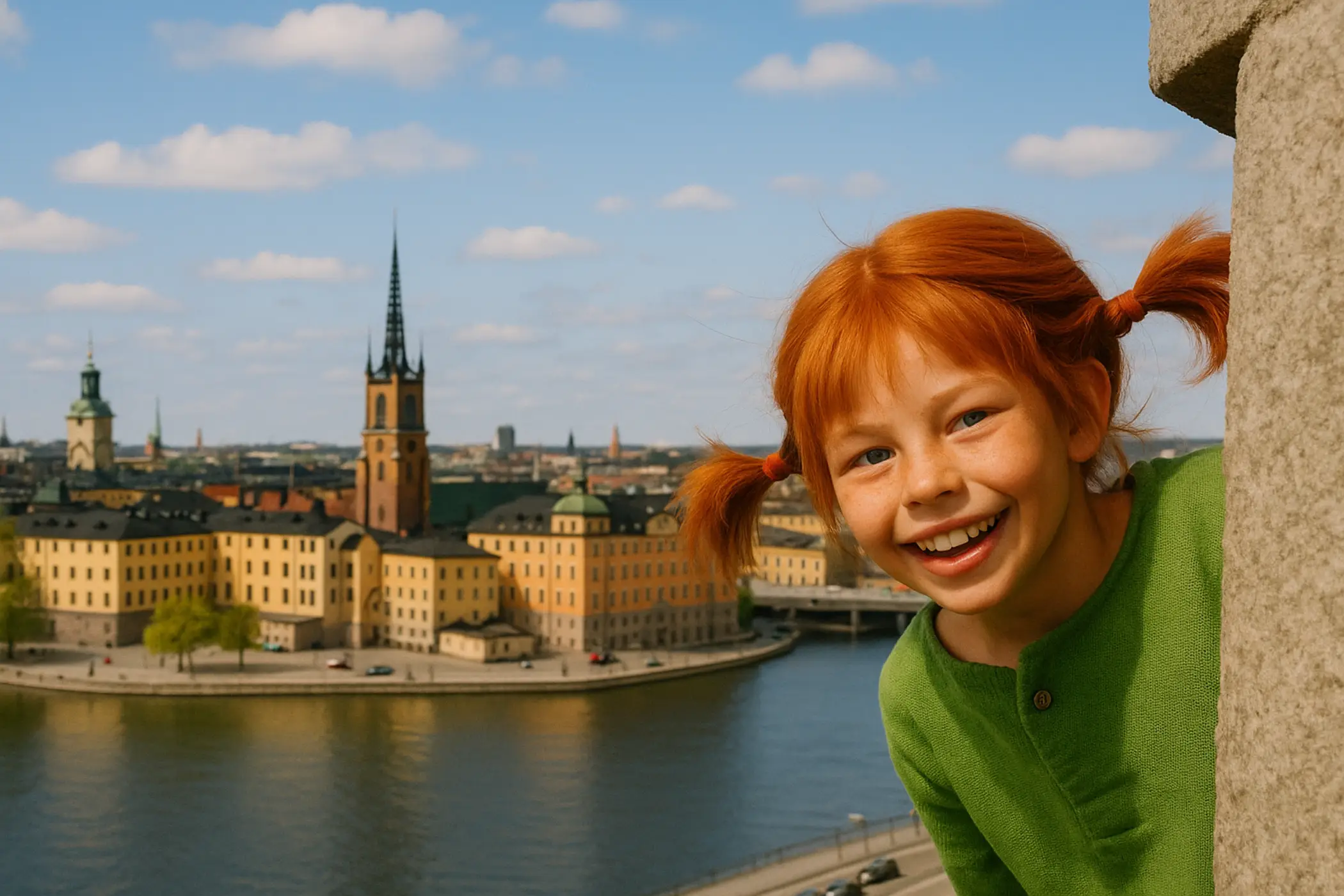 Pika Nogavička kuka iz kotička, v ozadju panormaski pogled na Stockholm