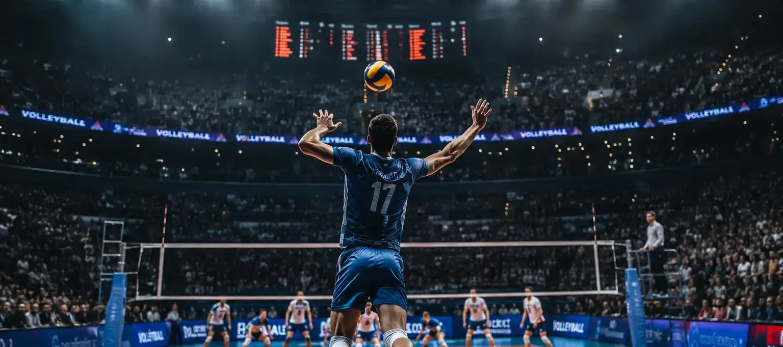 Navijaško vzdušje in odbojkarski napad na tekmi slovenske odbojkarske reprezentance.