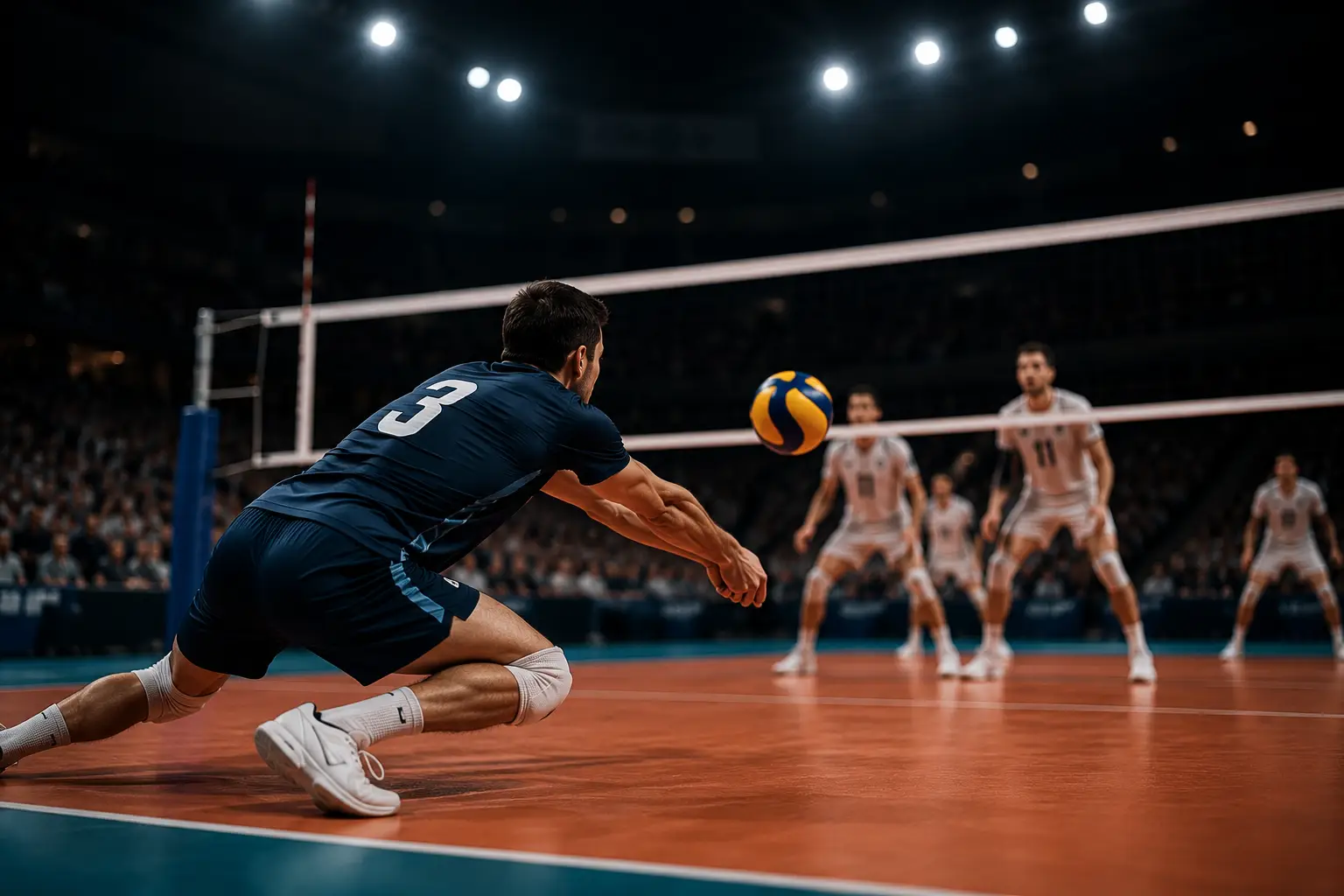 Odbojkar med napadalnim udarcem na Evropskem prvenstvu v odbojki 2026.